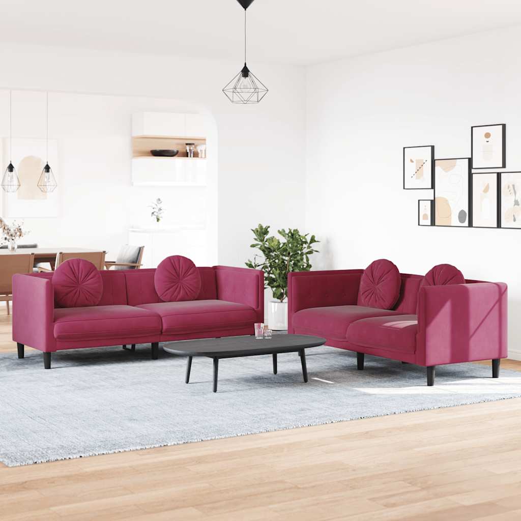 Ensemble de canapés 2 pcs avec coussins rouge bordeaux velours - XIOS