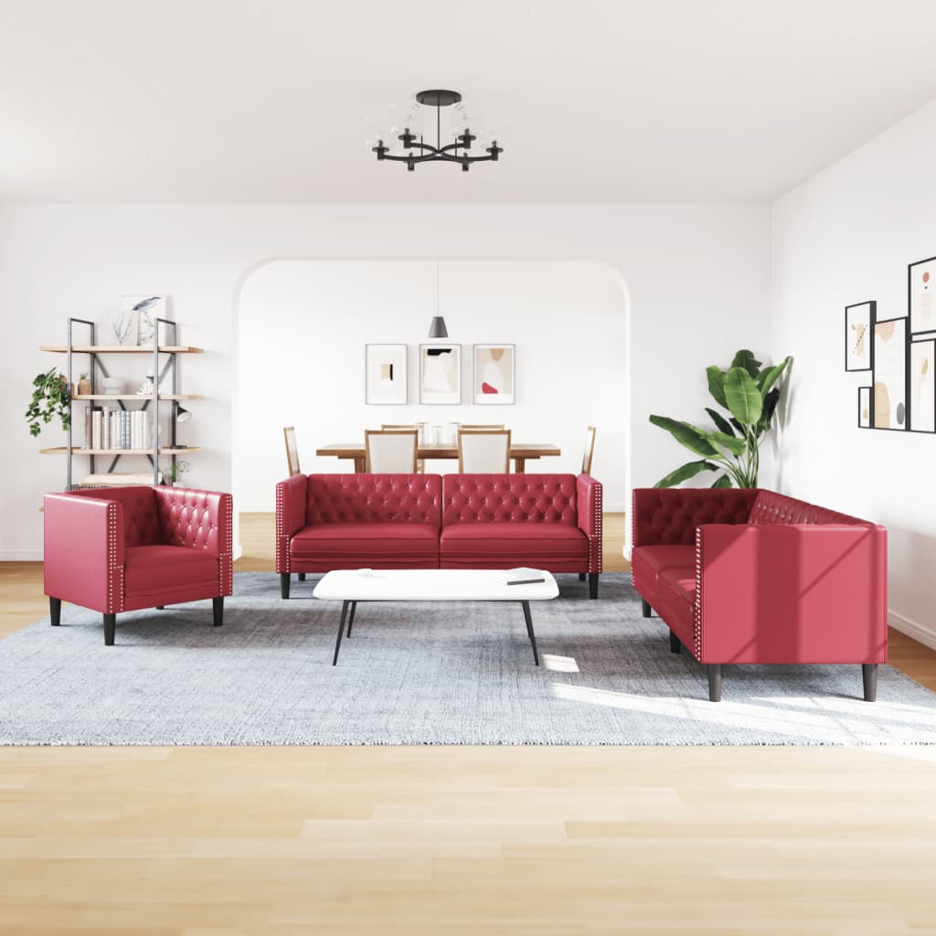 Ensemble de canapés Chesterfield 3pcs rouge bordeaux similicuir - XIOS
