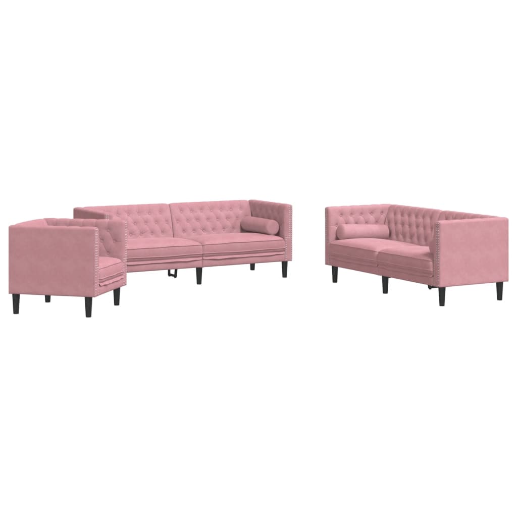 Ensemble de canapé Chesterfield et traversins 3pcs rose velours - XIOS