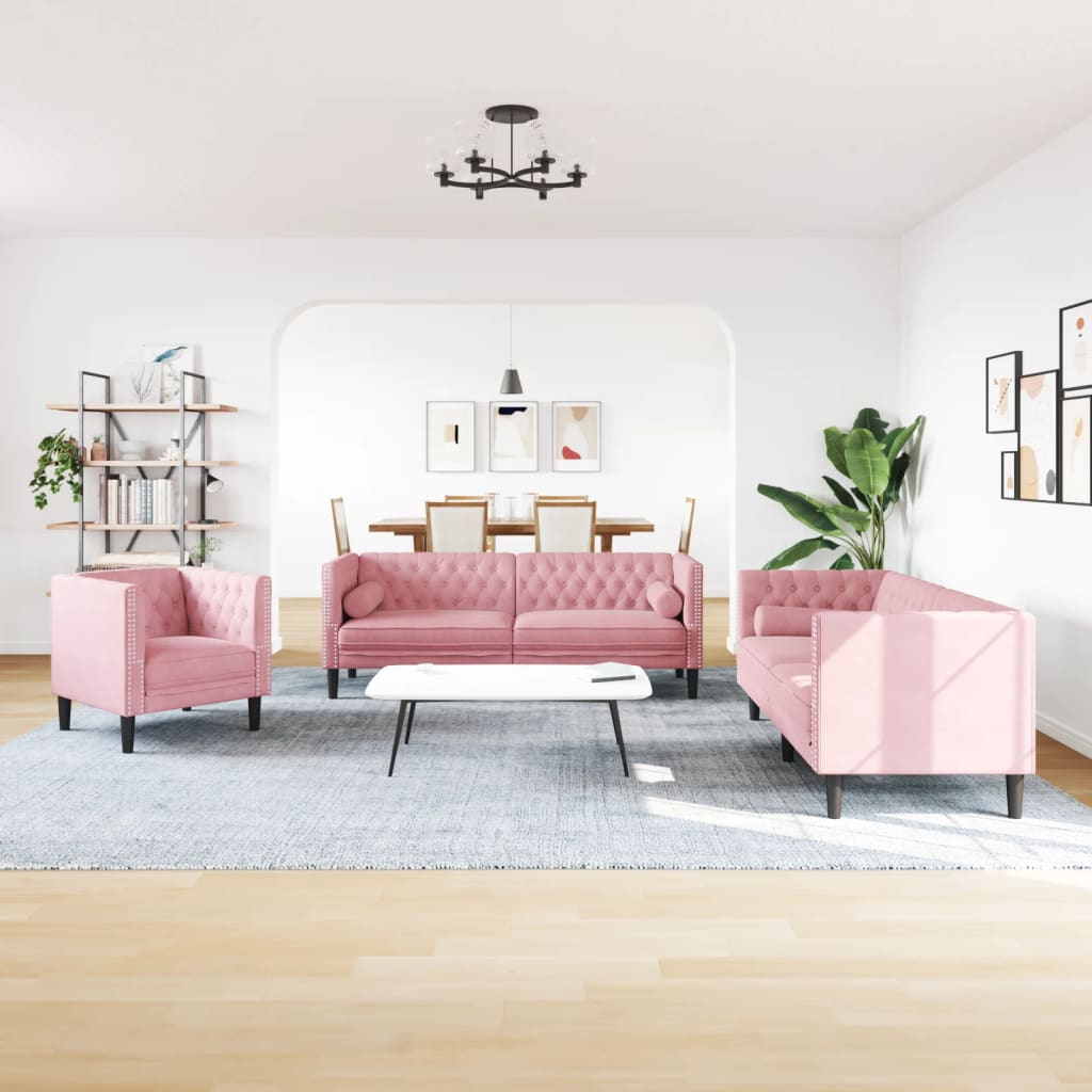 Ensemble de canapé Chesterfield et traversins 3pcs rose velours - XIOS