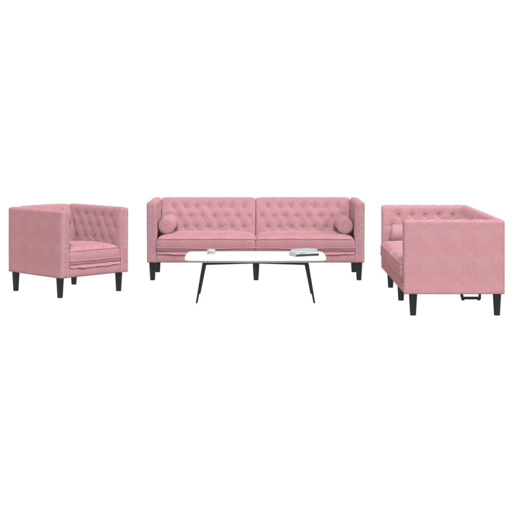 Ensemble de canapé Chesterfield et traversins 3pcs rose velours - XIOS