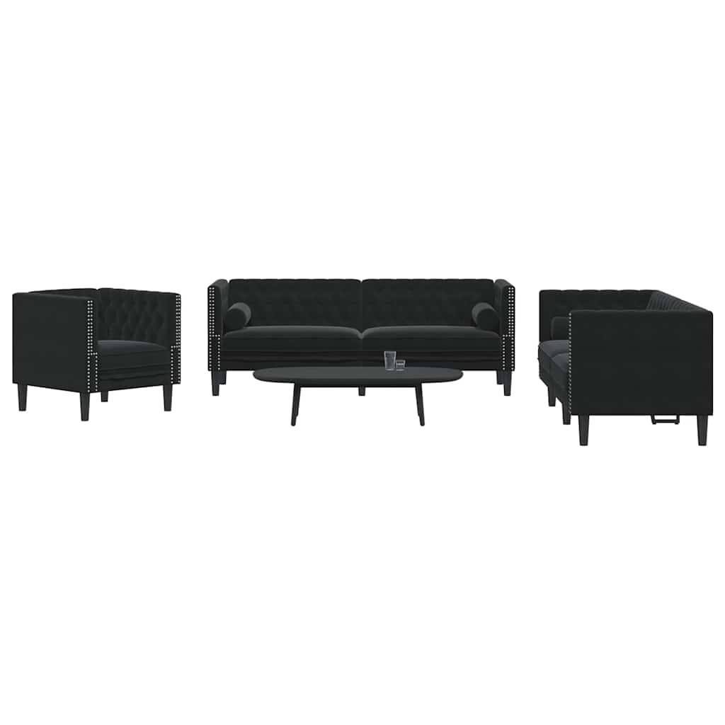 Ensemble de canapé Chesterfield et traversins 3pcs noir velours