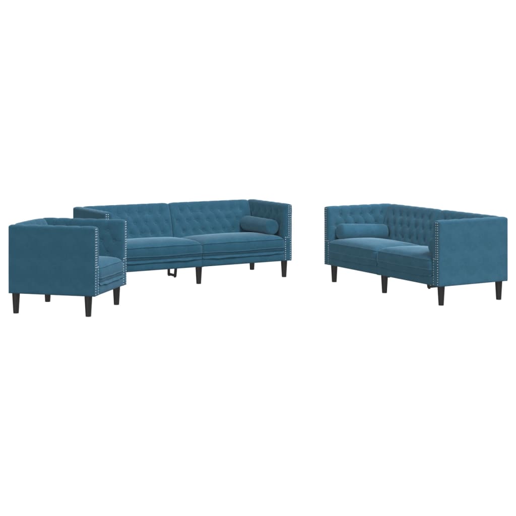 Ensemble de canapé Chesterfield et traversins 3pcs bleu velours - XIOS