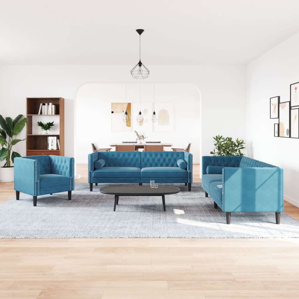 Ensemble de canapé Chesterfield et traversins 3pcs bleu velours - XIOS