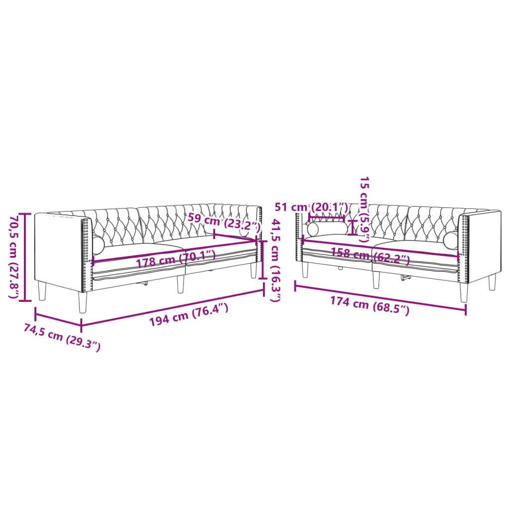 Ensemble de canapé Chesterfield et traversins 2 pcs velours