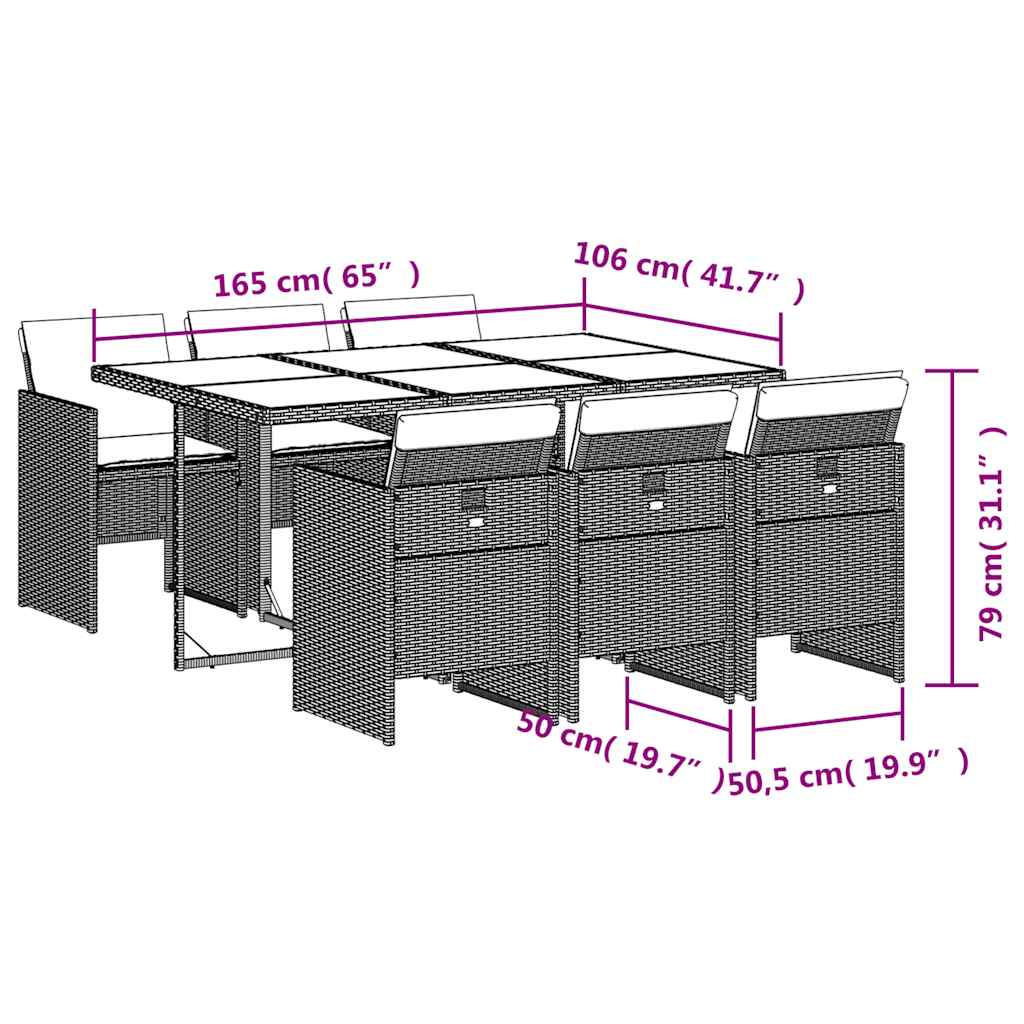 Ensemble à manger de jardin et coussins 7 pcs gris rotin