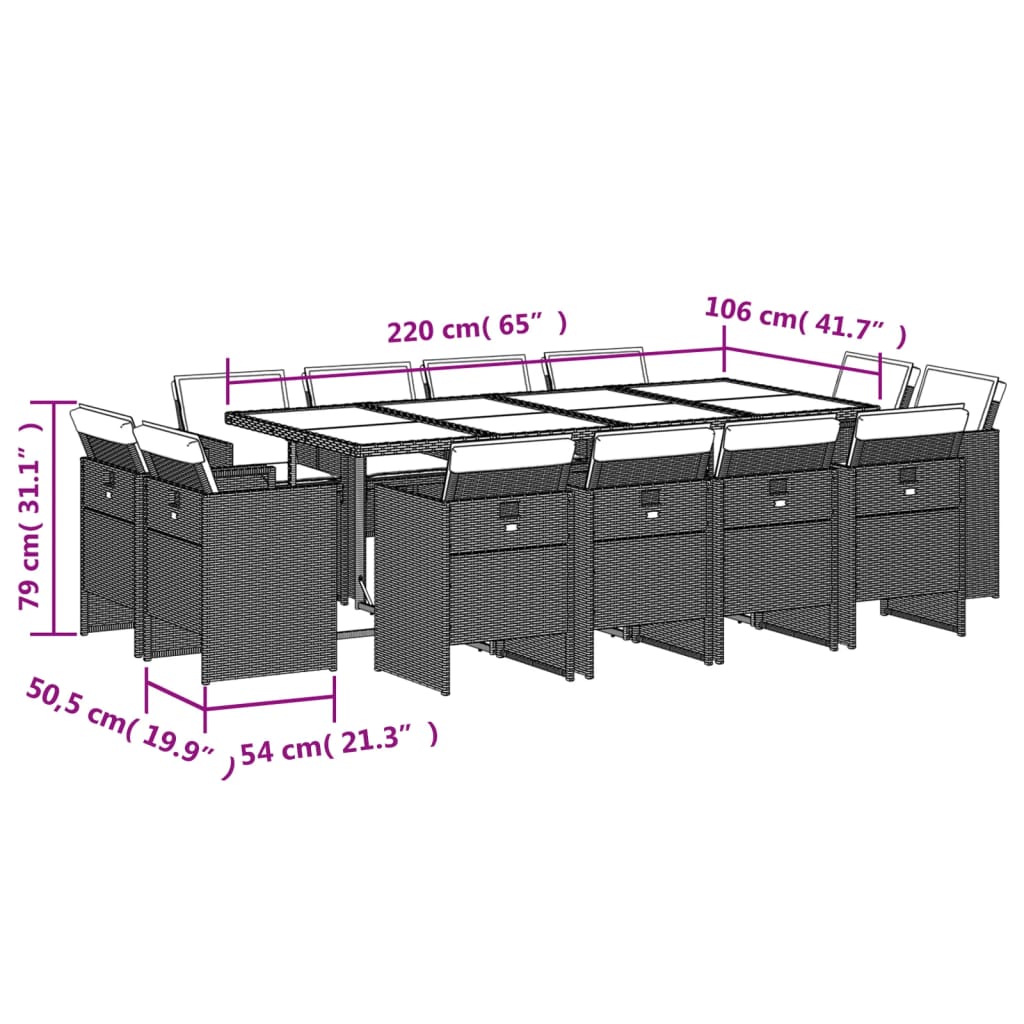 Ensemble à manger de jardin avec coussins 13 pcs marron rotin Salons de jardin vidaXL