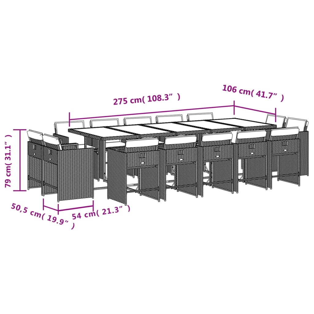 Ensemble à manger de jardin avec coussins 15 pcs marron rotin Salons de jardin vidaXL