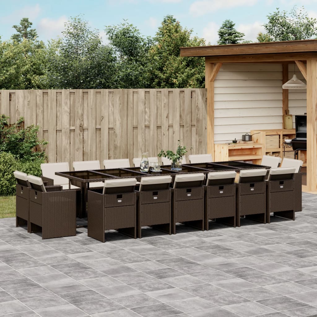 Ensemble à manger de jardin et coussins 17 pcs marron rotin