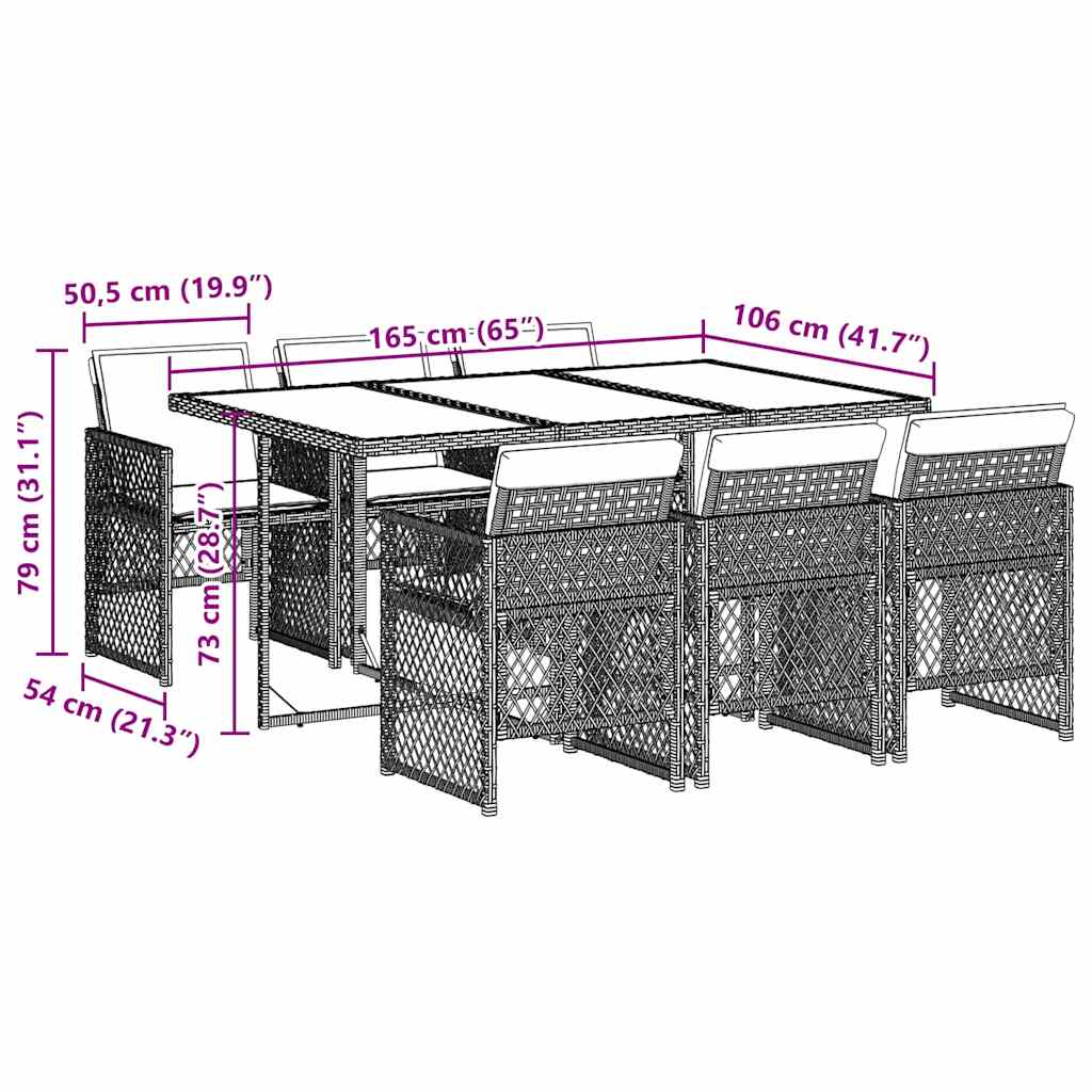 Ensemble à manger de jardin et coussins 7 pcs gris rotin