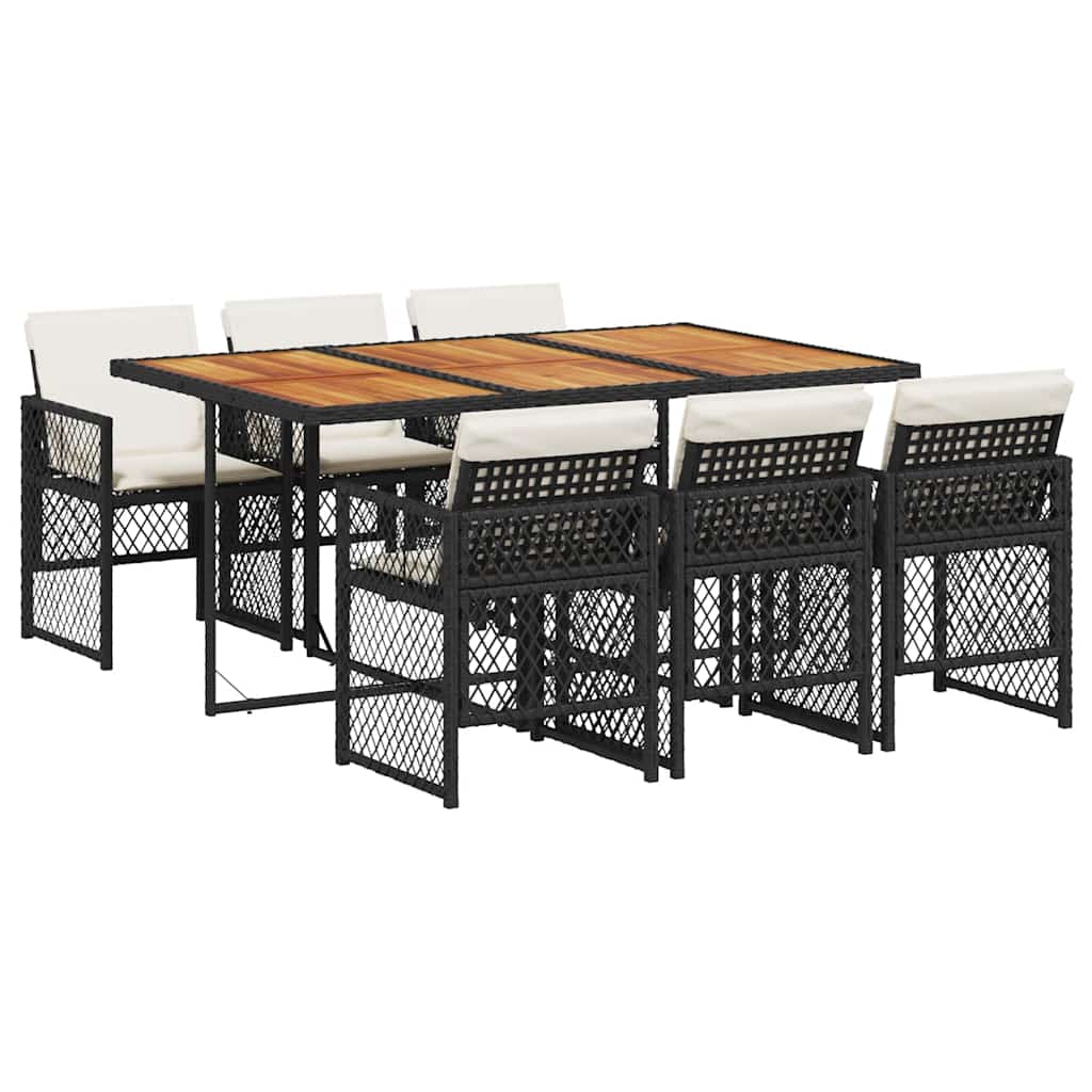Ensemble à manger de jardin coussins 7 pcs noir résine tressée