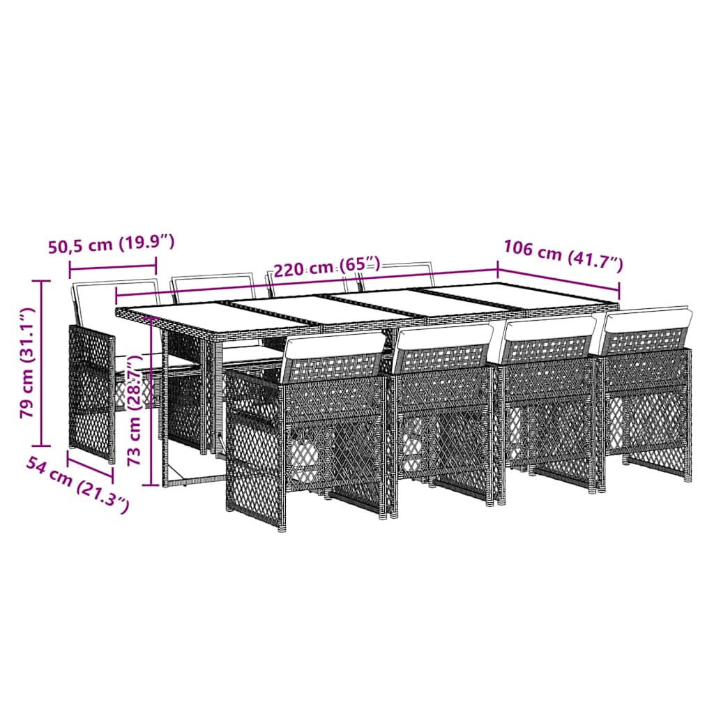 Ensemble à manger de jardin 9pcs coussins noir résine tressée