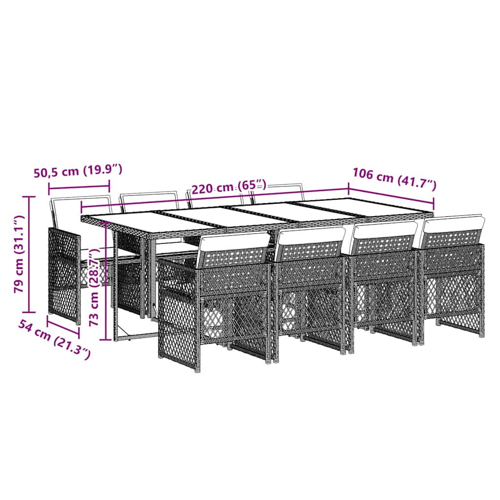 Ensemble à manger de jardin 9pcs coussins noir résine tressée