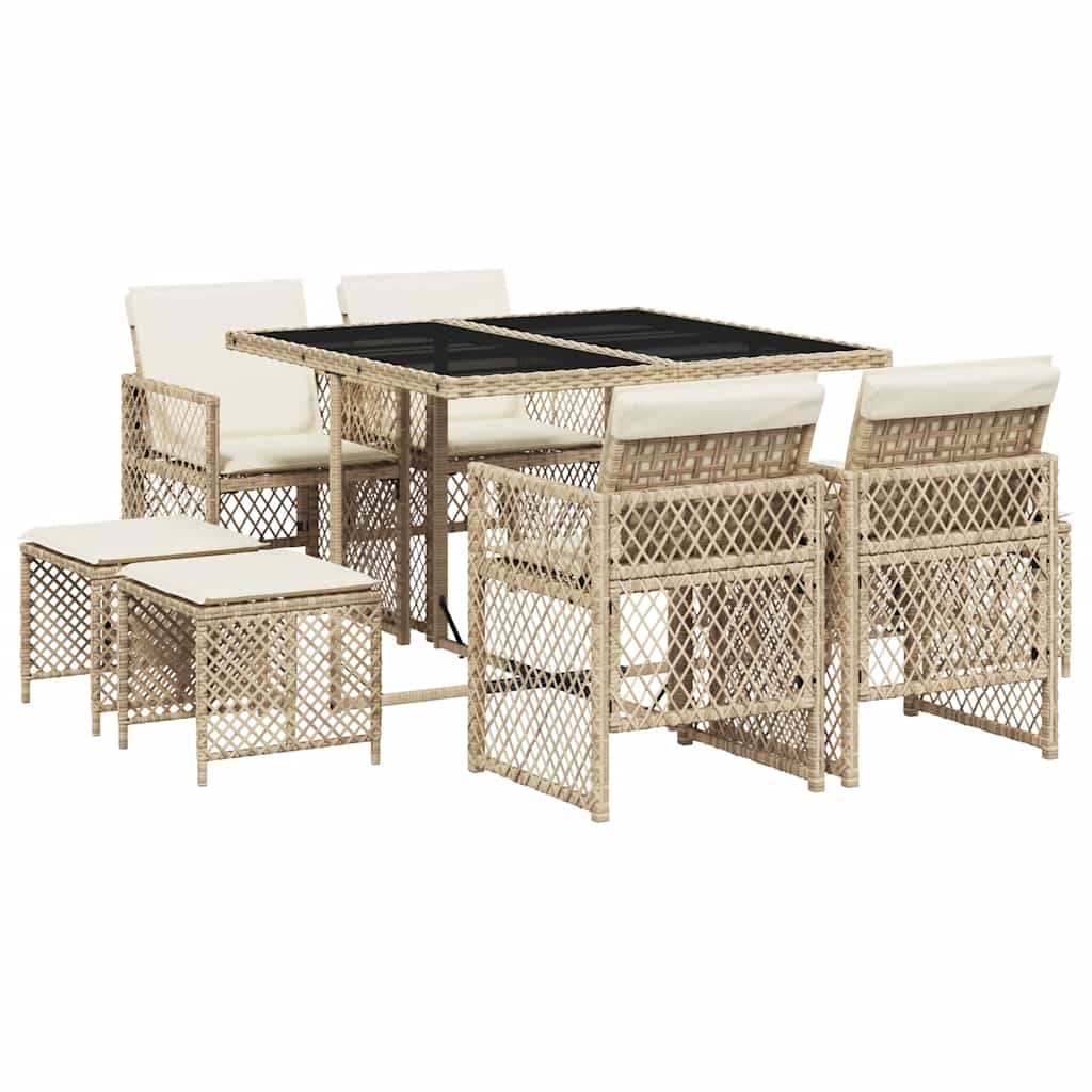 Ensemble à manger de jardin et coussins 9 pcs beige Poly rotin