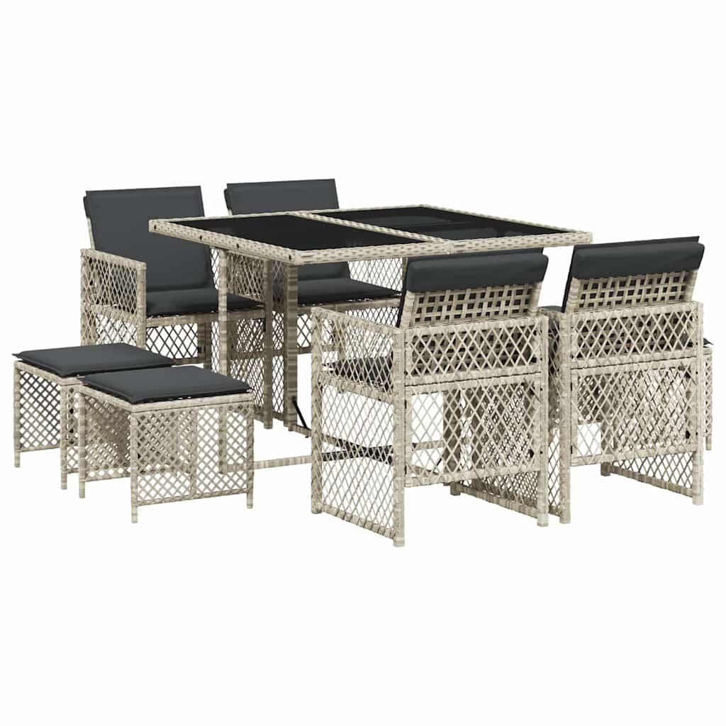 Ensemble à manger de jardin et coussins 9 pcs gris clair rotin