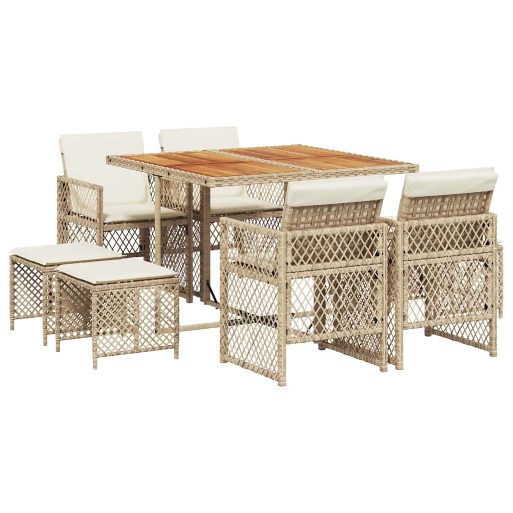 Ensemble à manger de jardin et coussins 9 pcs beige Poly rotin