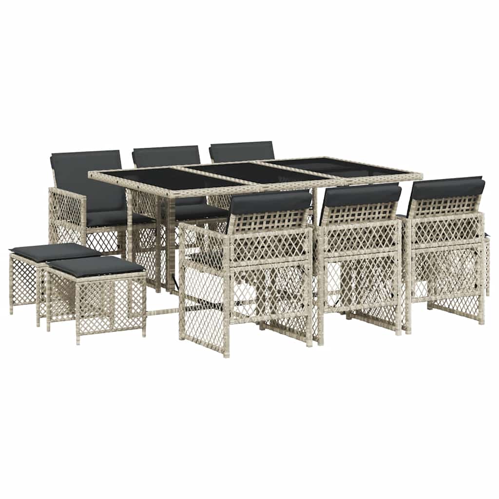 Ensemble à manger de jardin 11pcs avec coussins gris poly rotin