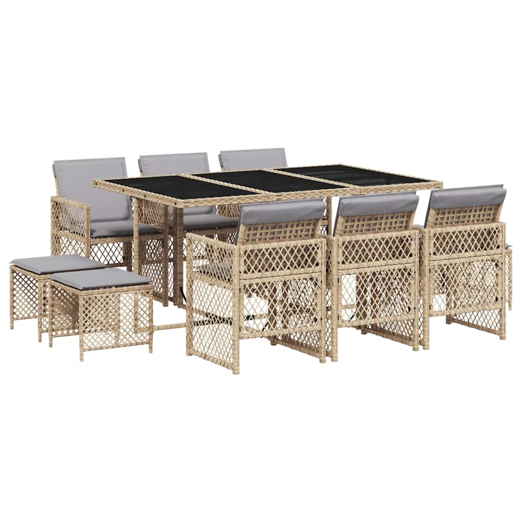 Ensemble à manger de jardin et coussins 11 pcs beige poly rotin