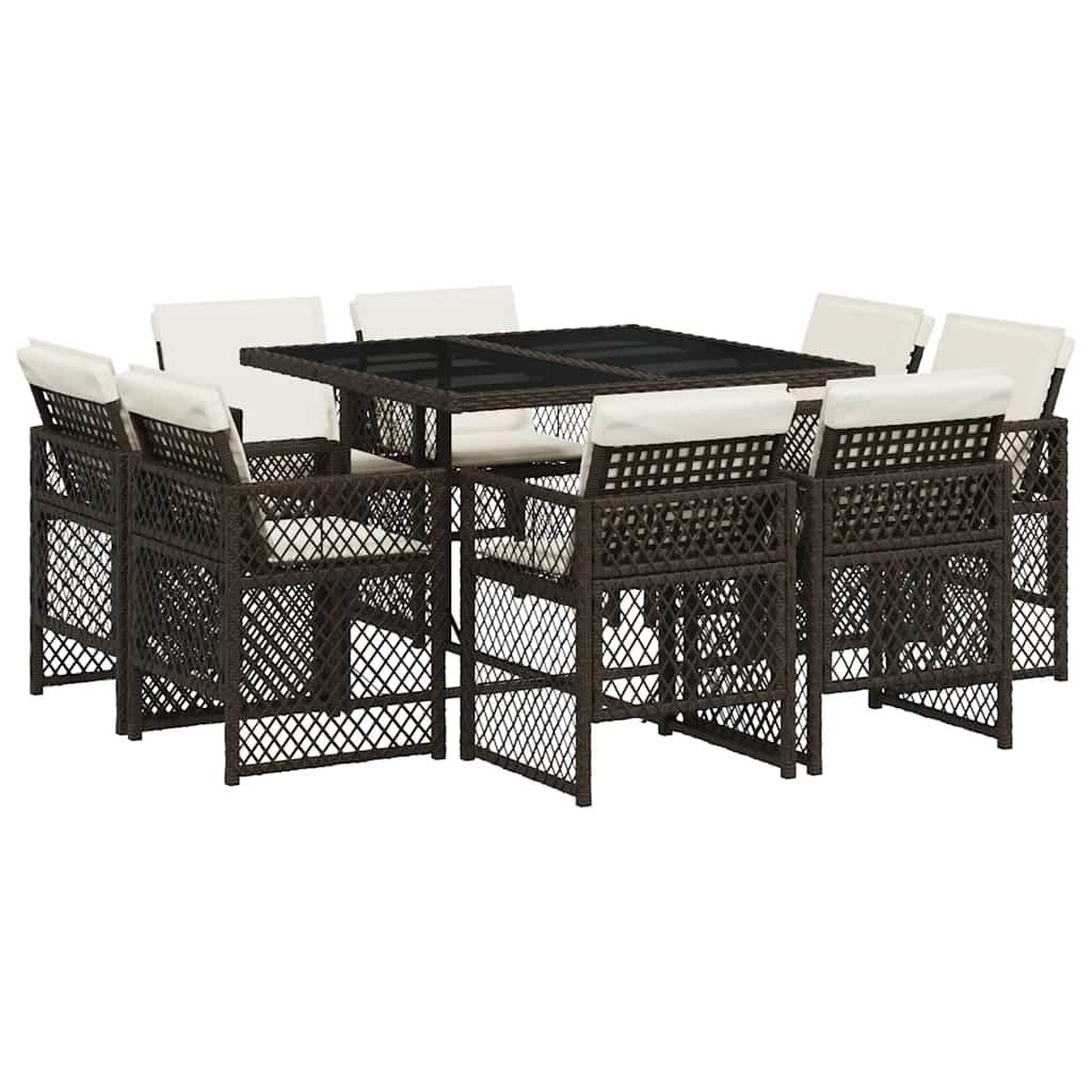 Ensemble à manger de jardin et coussins 9 pcs marron poly rotin