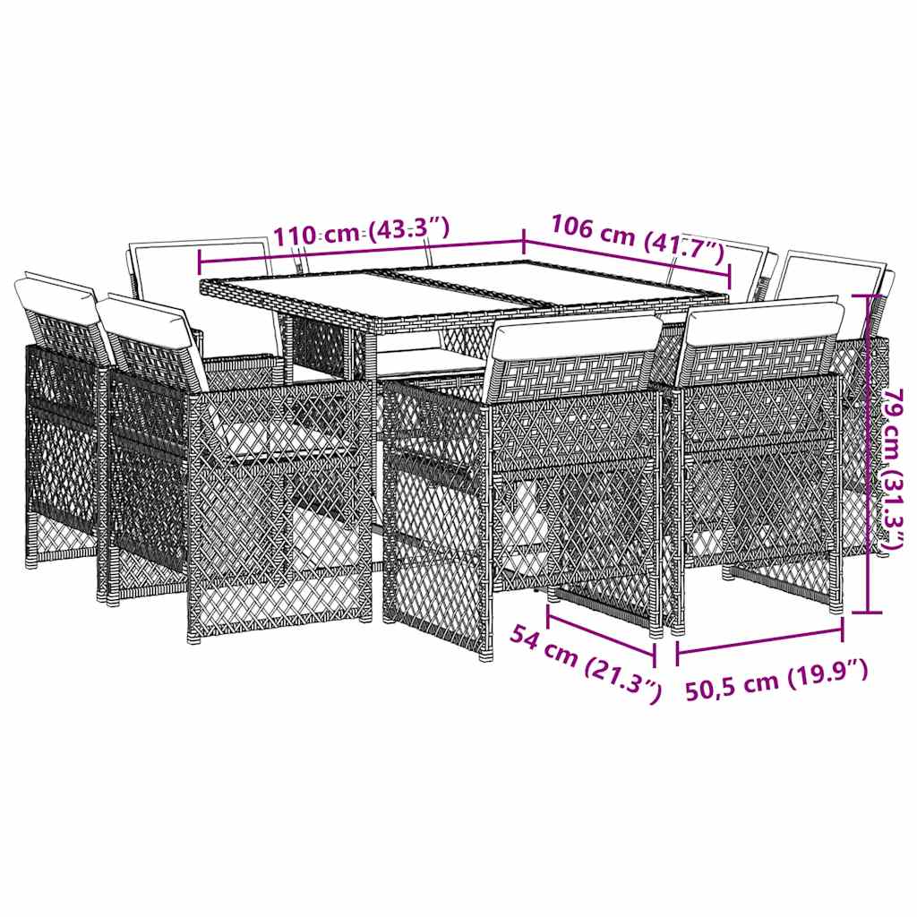 Ensemble à manger de jardin et coussins 9 pcs gris clair rotin