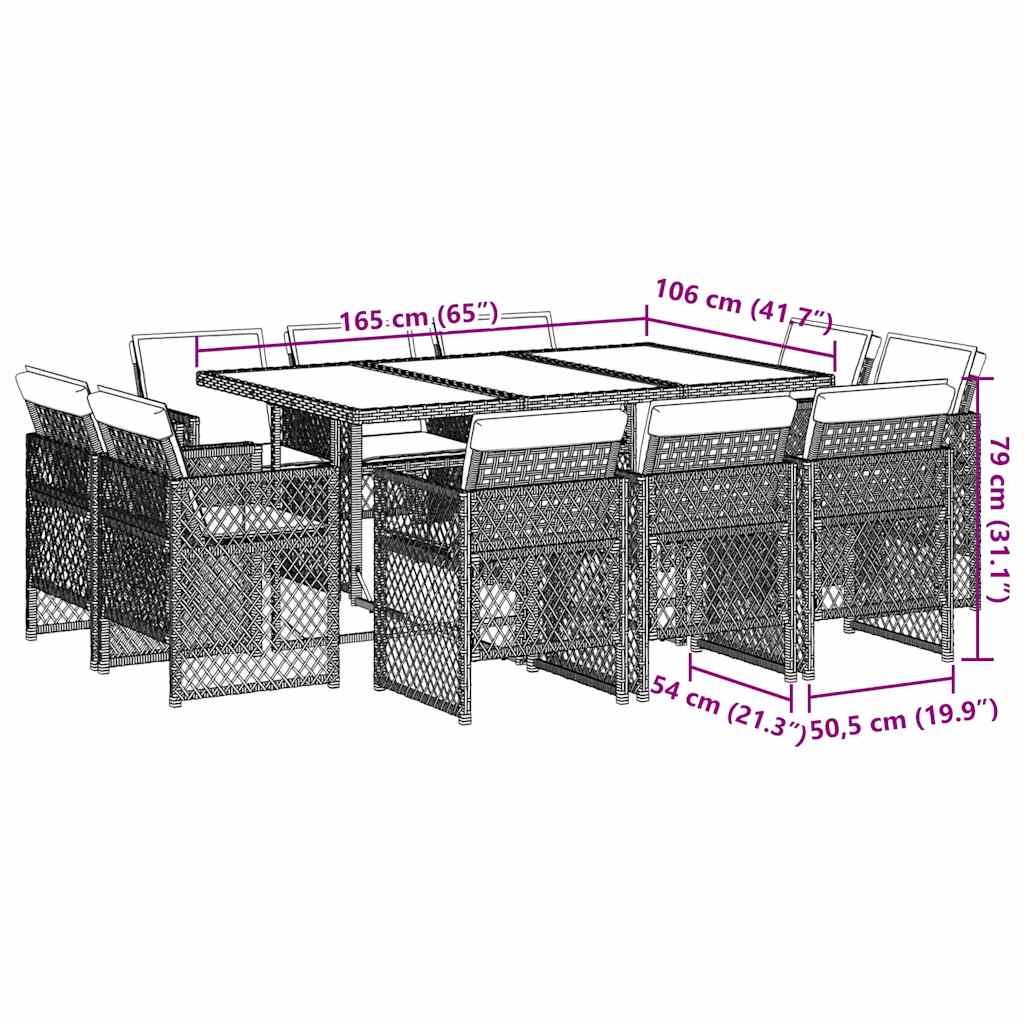 Ensemble à manger de jardin et coussins 11 pcs marron rotin