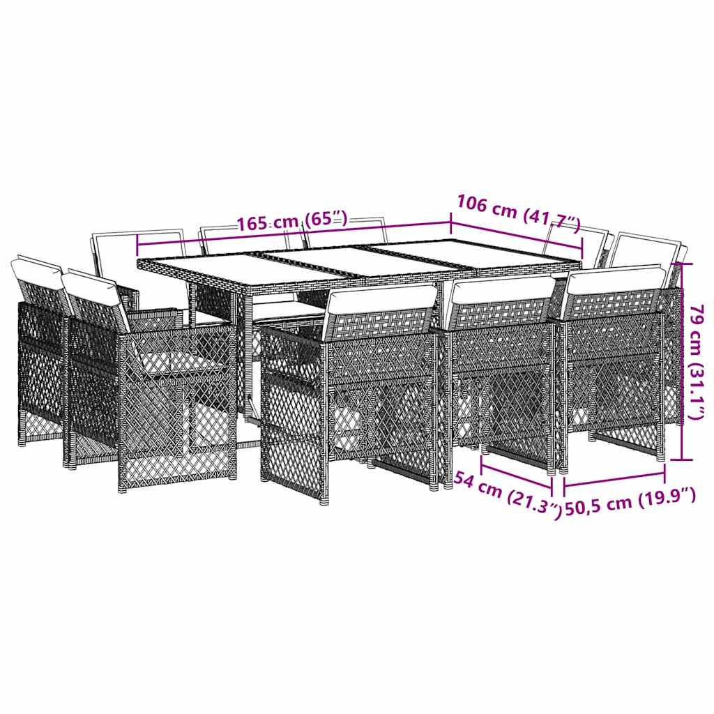 Ensemble à manger de jardin 11pcs avec coussins gris poly rotin
