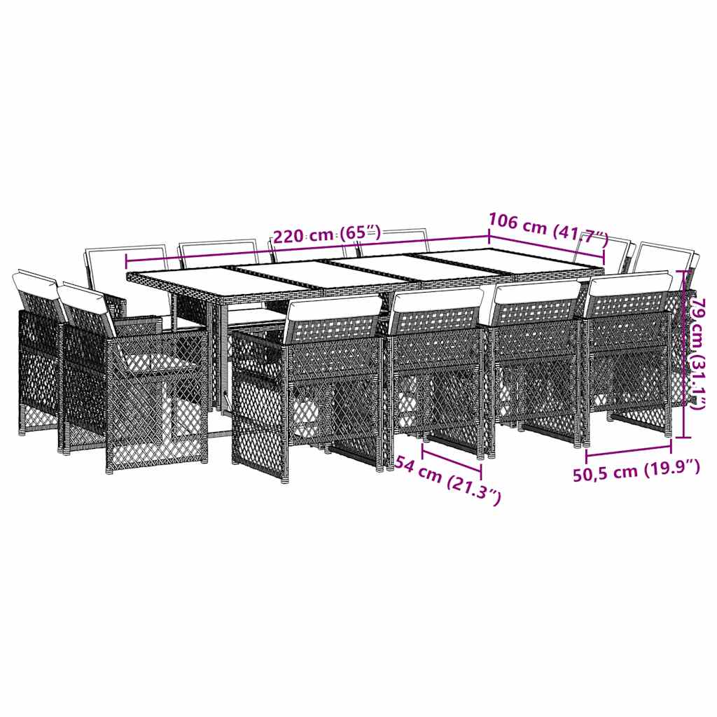 Ensemble à manger de jardin avec coussins 13 pcs marron rotin