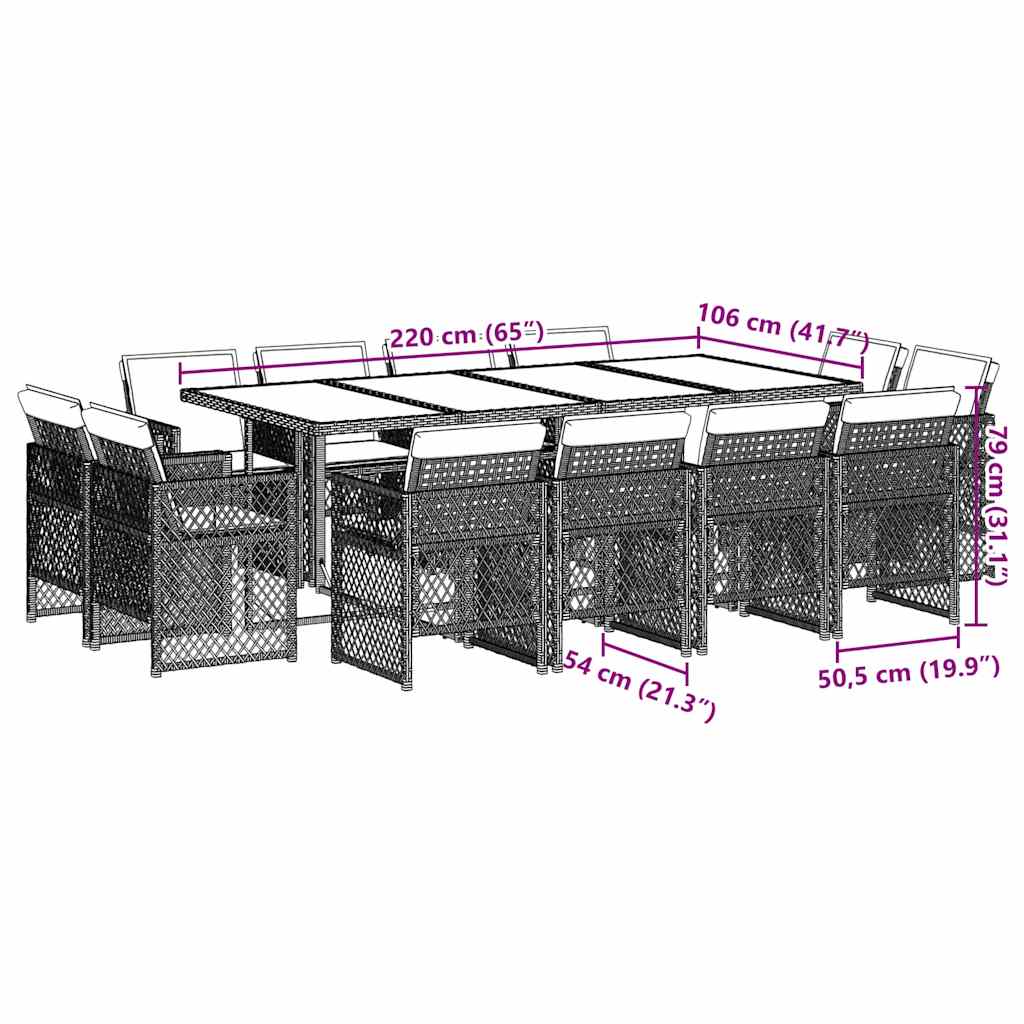 Ensemble à manger de jardin et coussins 13 pcs gris clair rotin