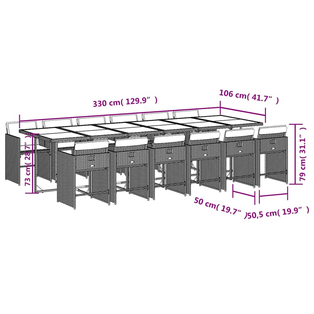 Ensemble à manger de jardin avec coussins 13 pcs marron rotin