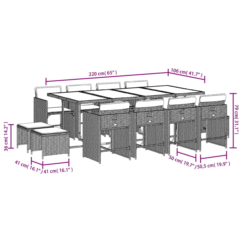 Ensemble à manger de jardin avec coussins 13 pcs marron rotin
