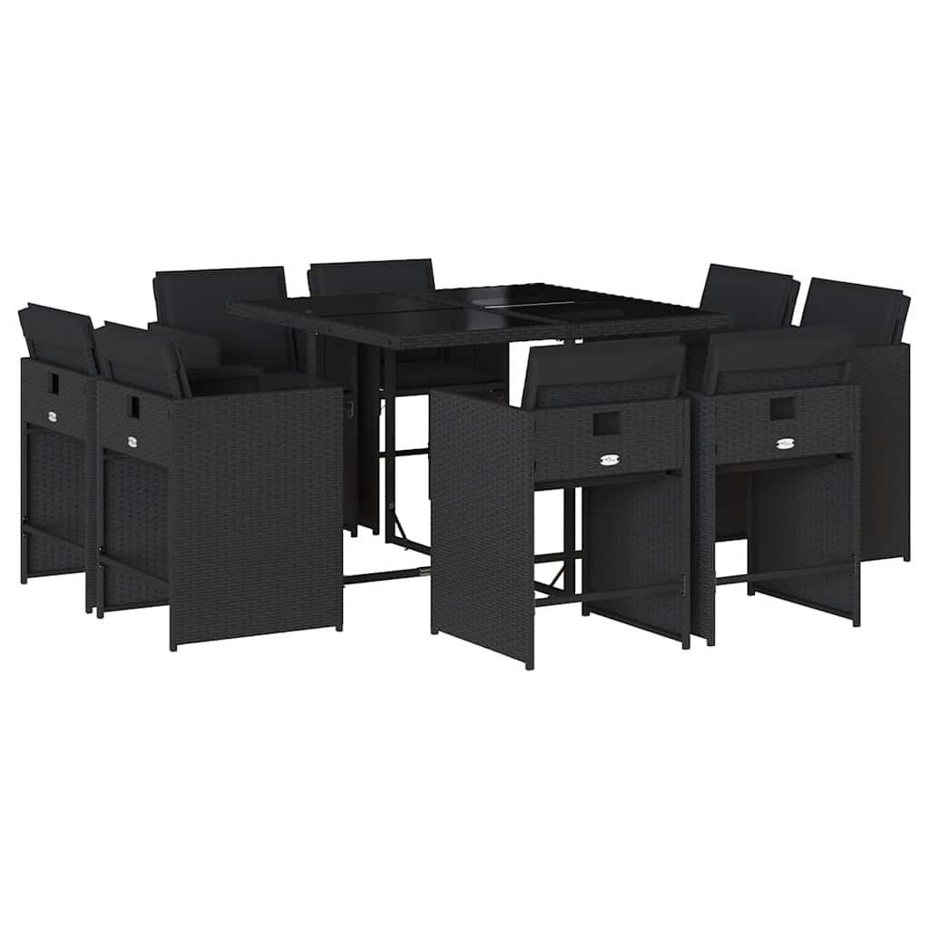 Ensemble à manger de jardin 9pcs coussins noir résine tressée