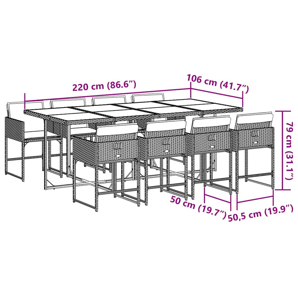 Ensemble à manger de jardin et coussins 9 pcs gris clair rotin