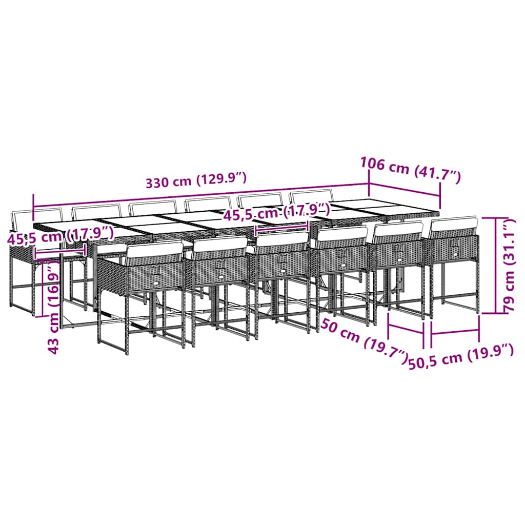 Ensemble à manger de jardin coussins 13 pcs gris résine tressée