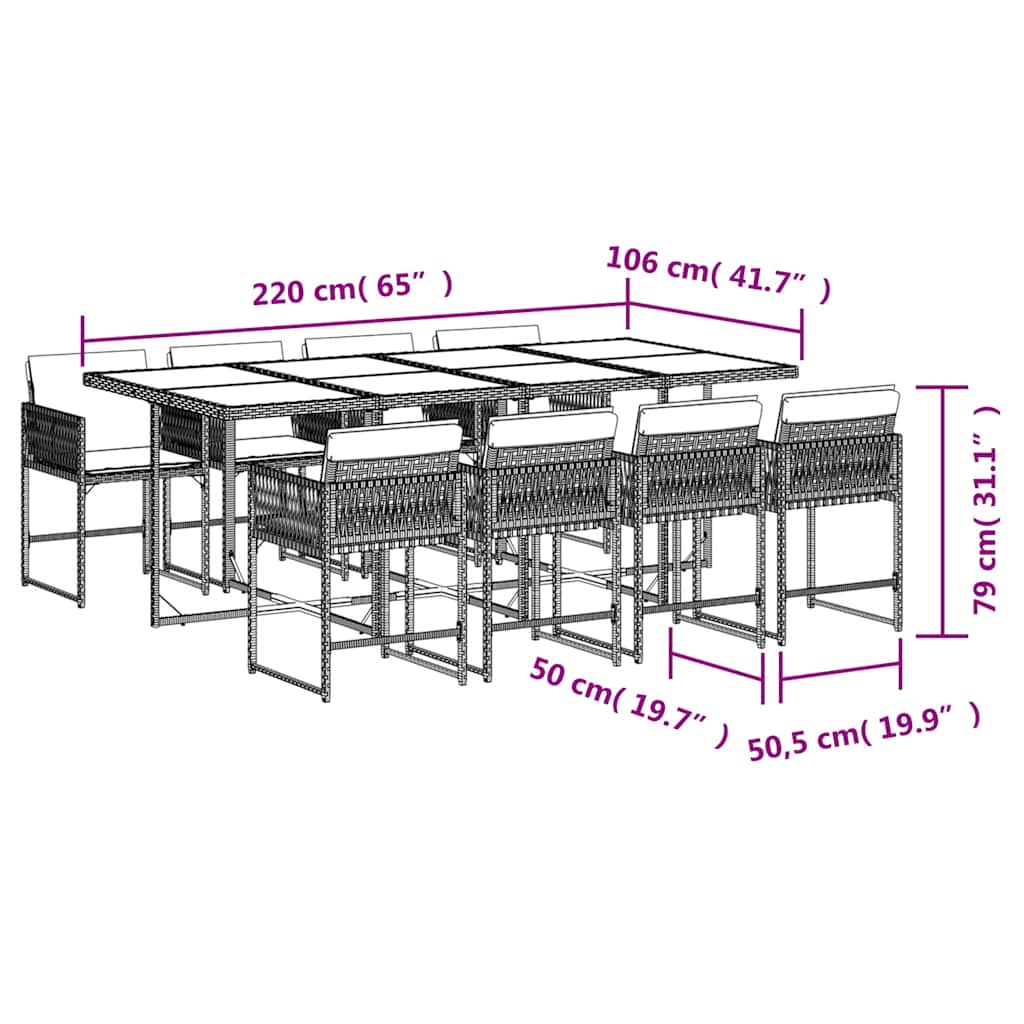 Ensemble à manger de jardin et coussins 9 pcs gris clair rotin