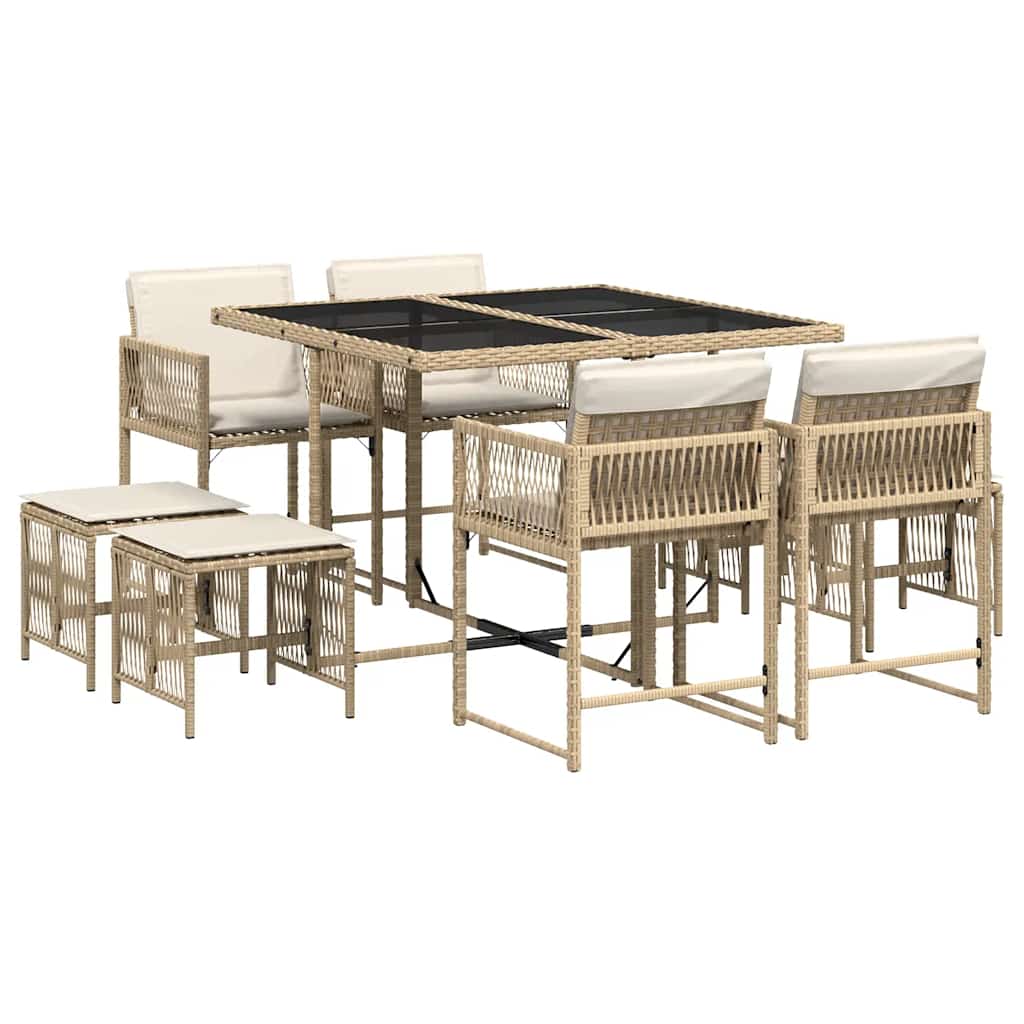 Ensemble à manger de jardin et coussins 9 pcs beige Poly rotin