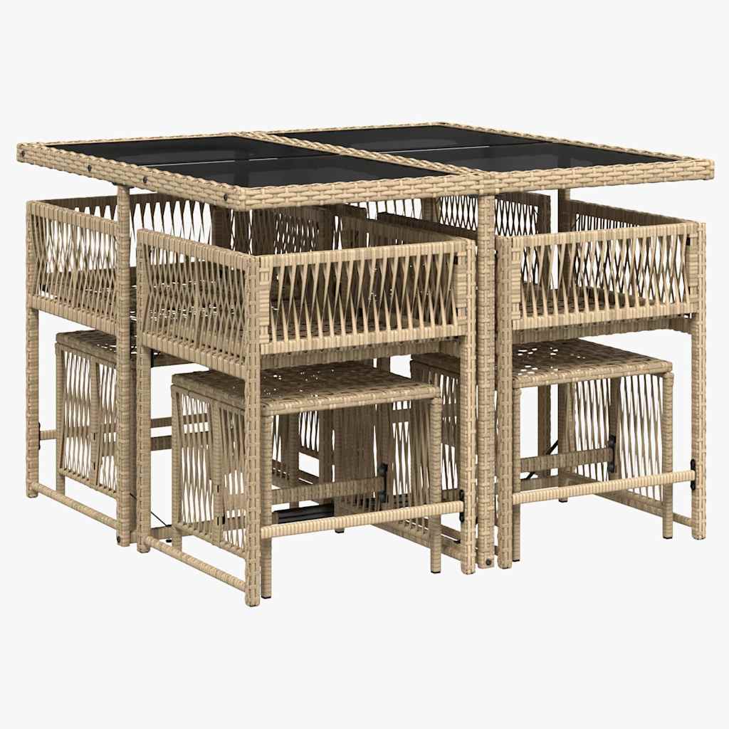 Ensemble à manger de jardin et coussins 9 pcs beige Poly rotin