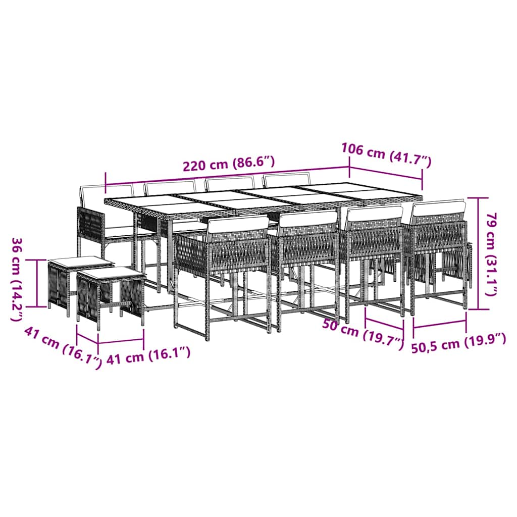 Ensemble à manger de jardin et coussins 13 pcs beige