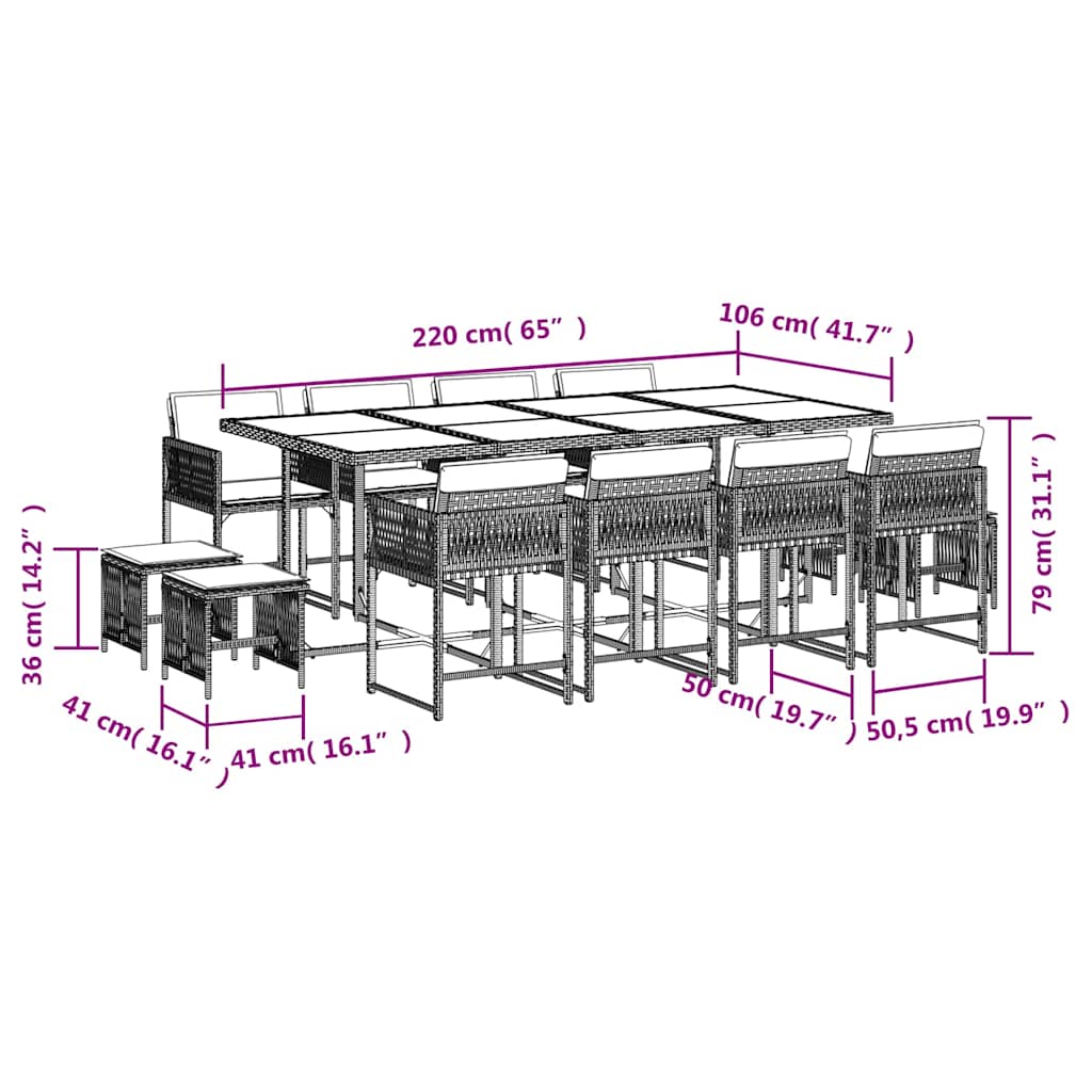 Ensemble à manger de jardin et coussins 13 pcs gris clair rotin