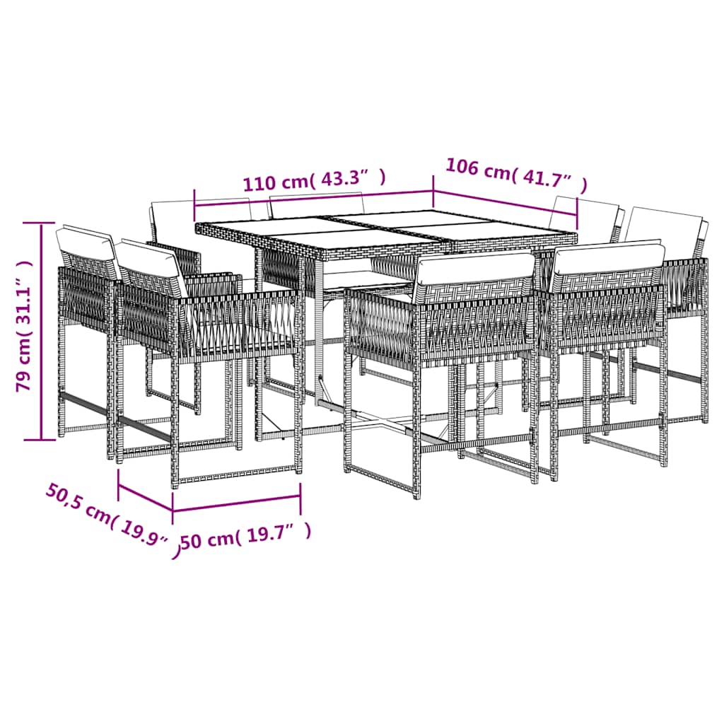 Ensemble à manger de jardin et coussins 9 pcs marron poly rotin
