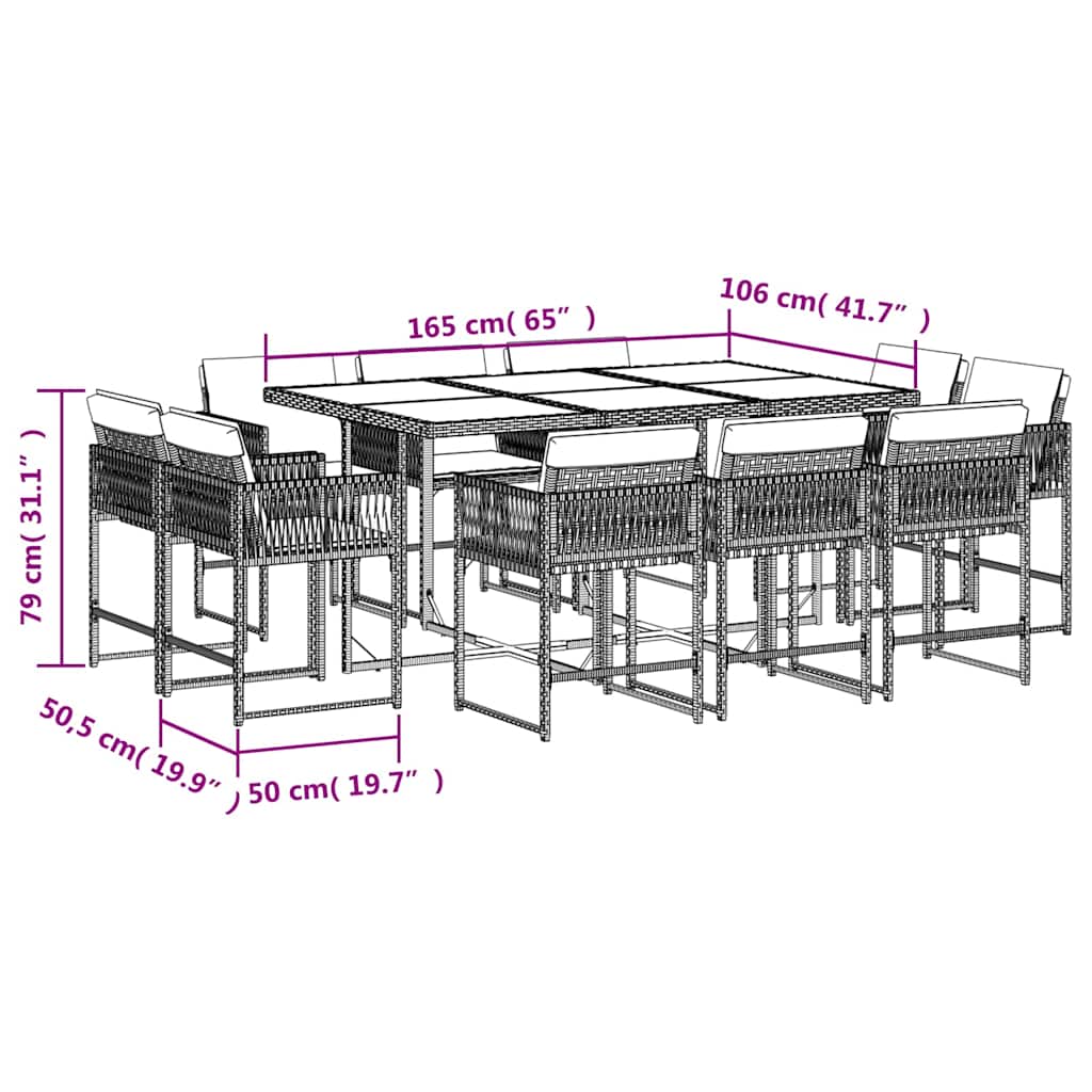 Ensemble à manger de jardin et coussins 11 pcs marron rotin