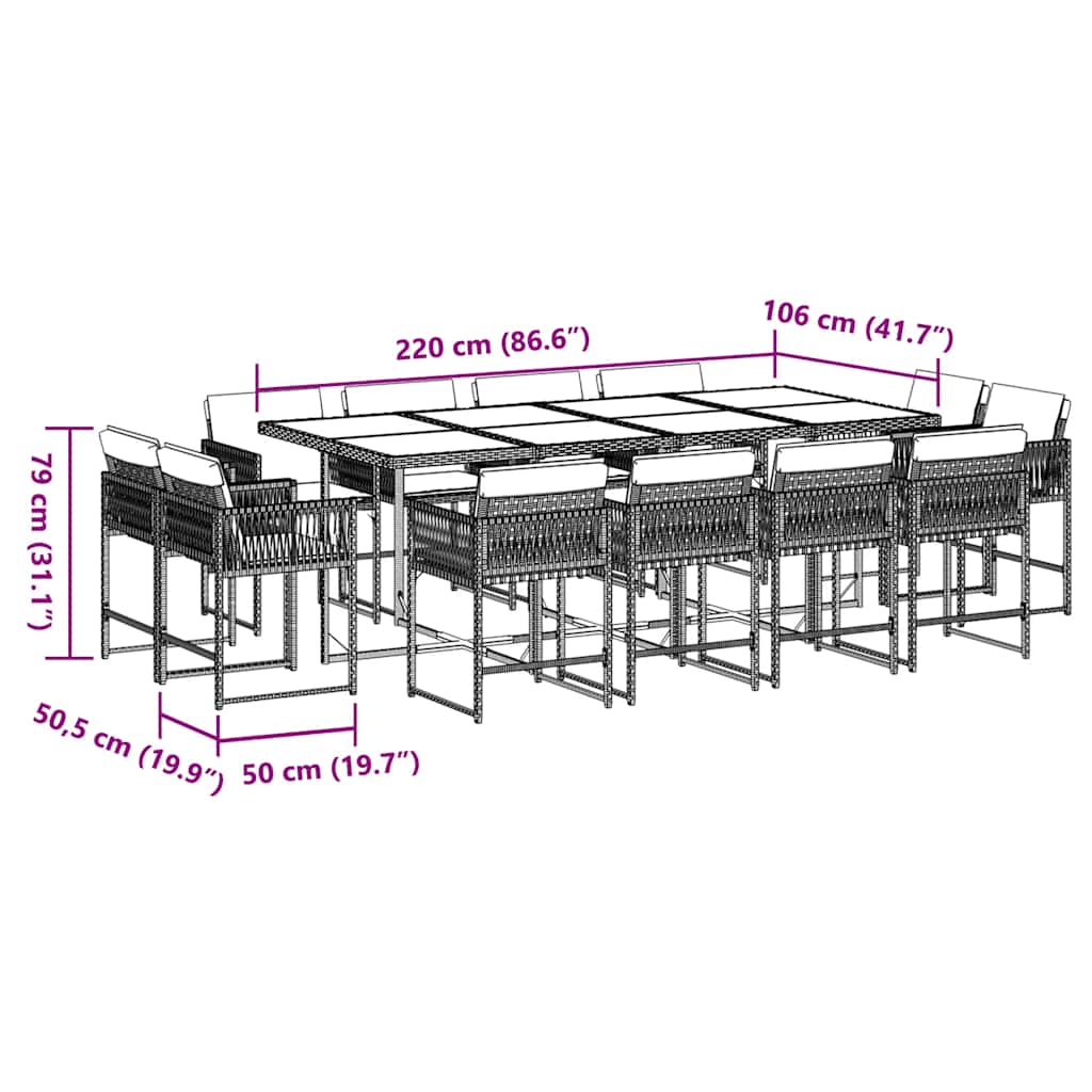Ensemble à manger de jardin coussins 13 pcs gris résine tressée