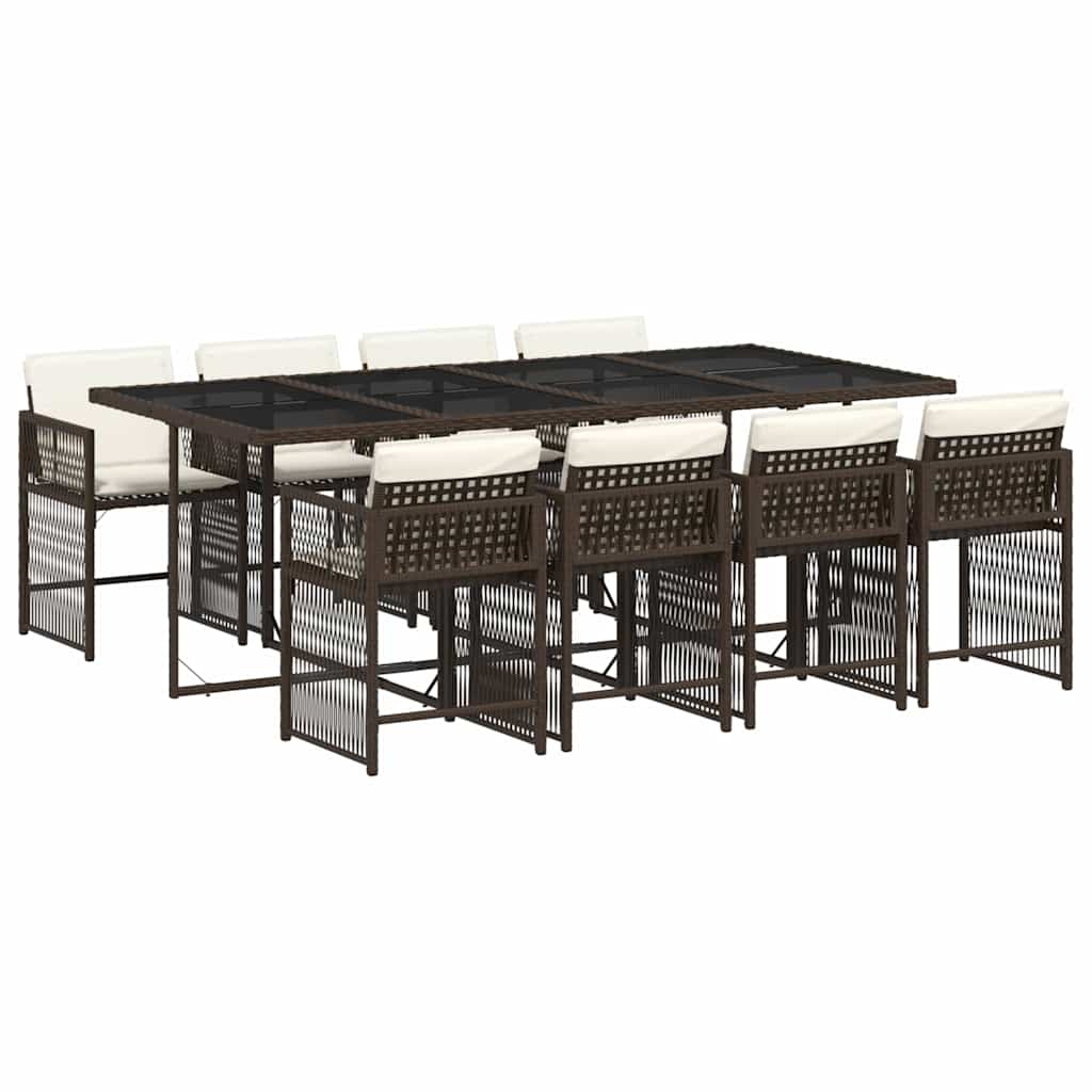 Ensemble à manger de jardin et coussins 9 pcs marron poly rotin