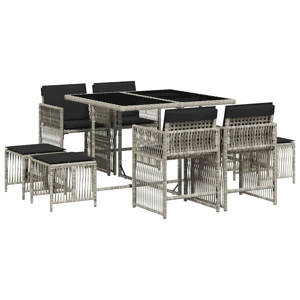 Ensemble à manger de jardin et coussins 9 pcs gris clair rotin