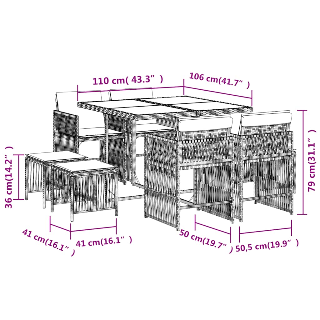 Ensemble à manger de jardin et coussins 9 pcs gris clair rotin