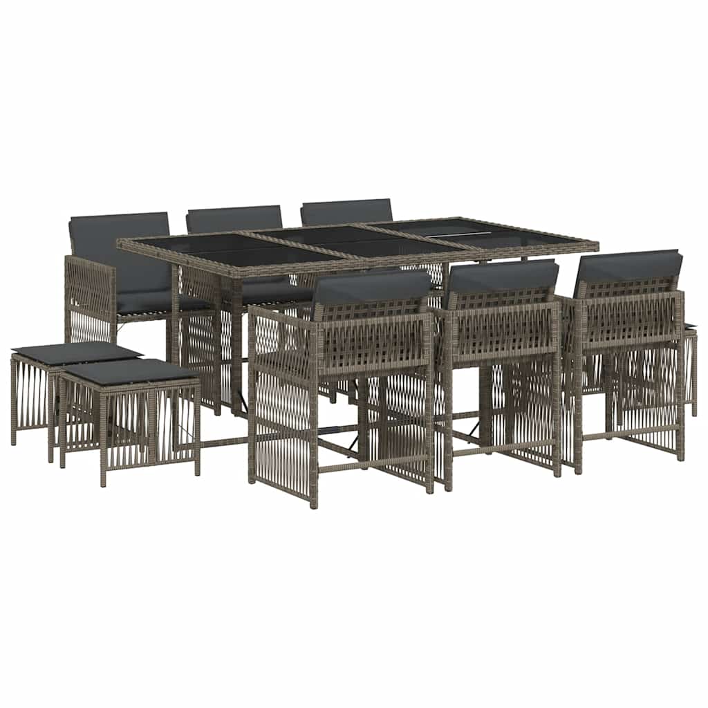 Ensemble à manger de jardin 11pcs avec coussins gris poly rotin