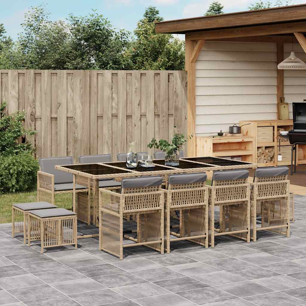 Ensemble à manger de jardin coussins 13 pcs mélange beige rotin