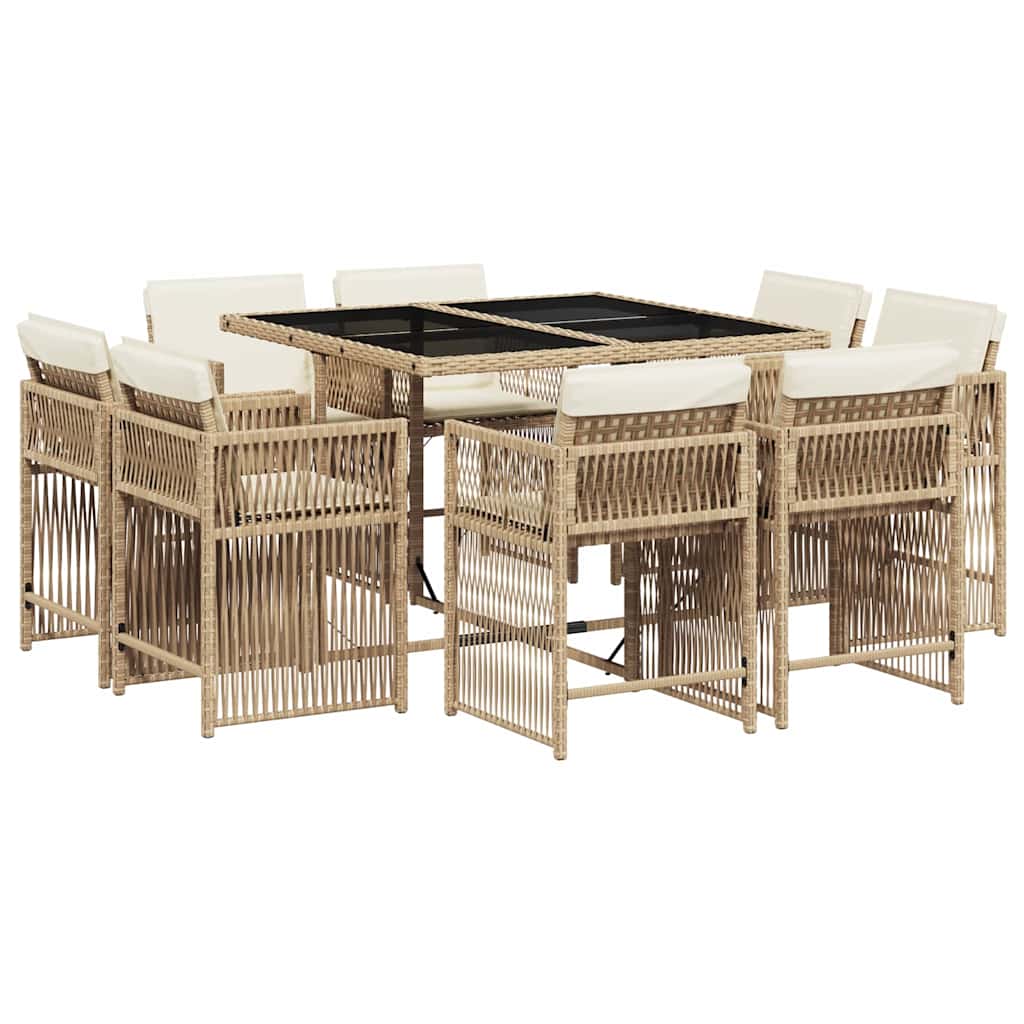 Ensemble à manger de jardin et coussins 9 pcs beige Poly rotin