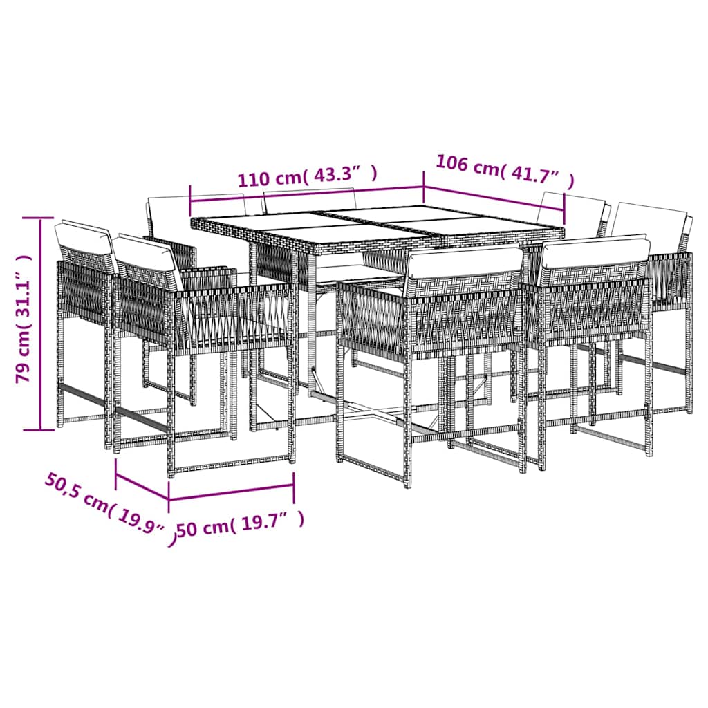Ensemble à manger de jardin et coussins 9 pcs gris clair rotin