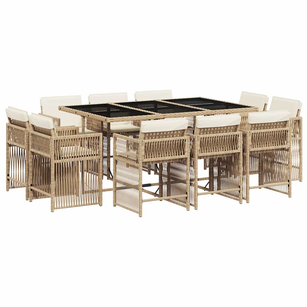 Ensemble à manger de jardin et coussins 11 pcs beige poly rotin
