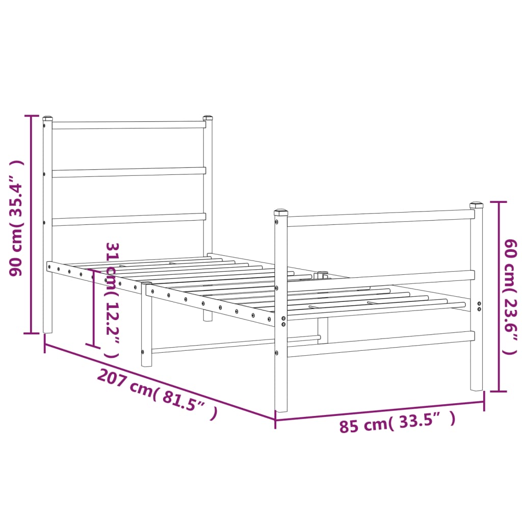 Cadre de lit métal sans matelas avec pied de lit noir 80x200 cm - XIOS